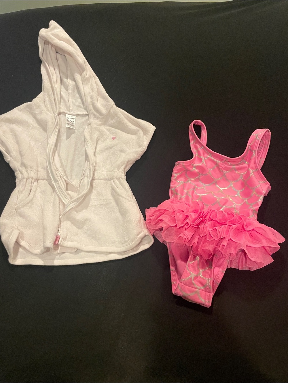 Carter's Pink Ruffle Mermaid-Scale One-Piece Swimsuit with White Hooded Cover-Up